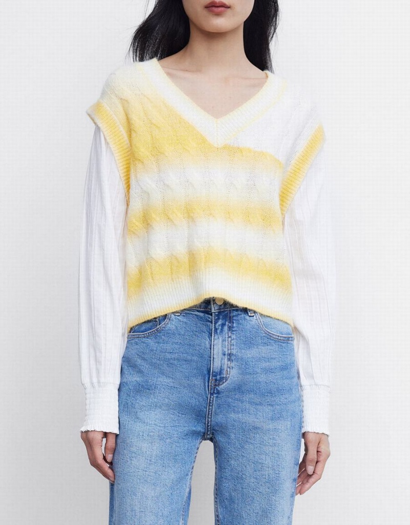 Women's Urban Revivo 2 In 1 Striped Cable Knit Top Cardigan White Yellow | VXB349ZC