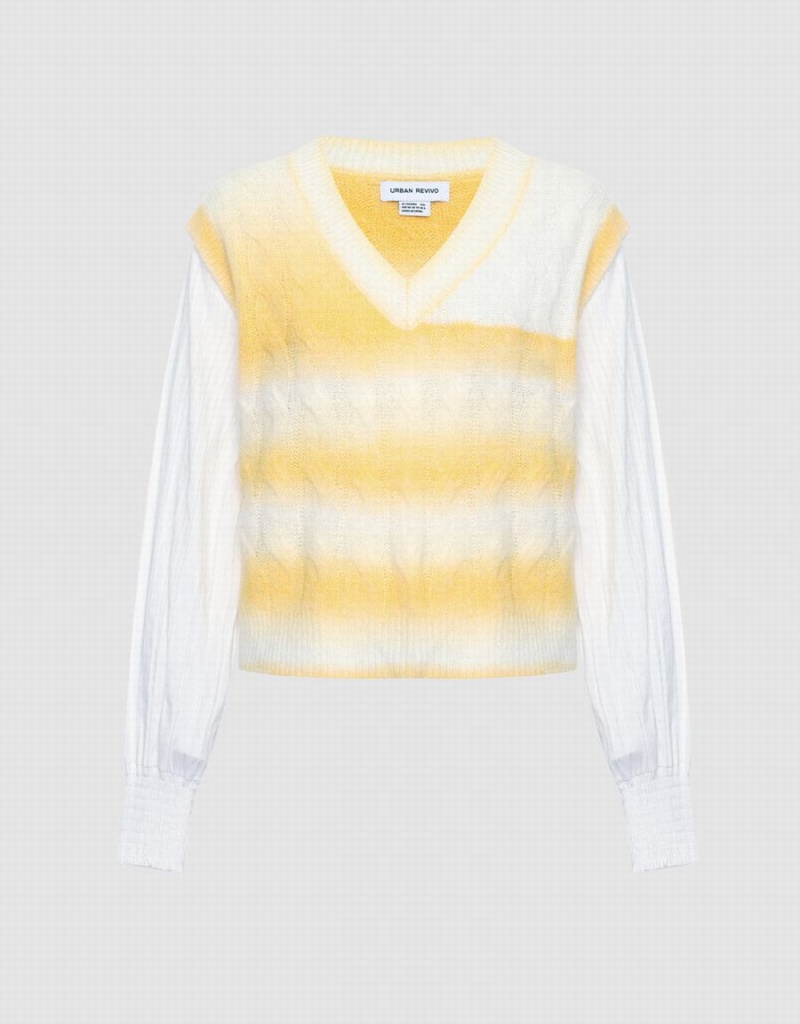 Women\'s Urban Revivo 2 In 1 Striped Cable Knit Top Cardigan White Yellow | VXB349ZC