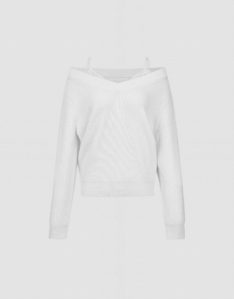 Women's Urban Revivo 2 In 1 V-Neck Knitted Cardigan White | XGT3176OV