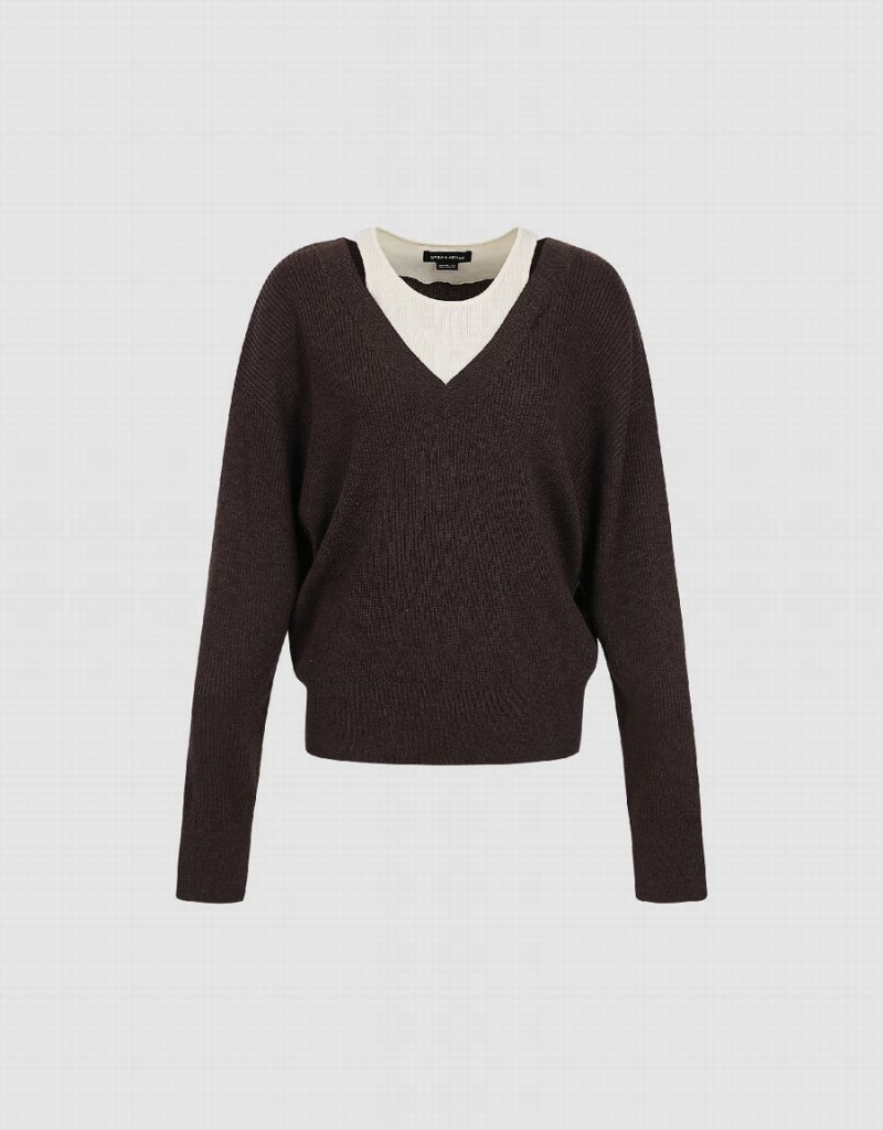 Women's Urban Revivo 2 In 1 V-Neck Sweaters Brown | SBS4760VL