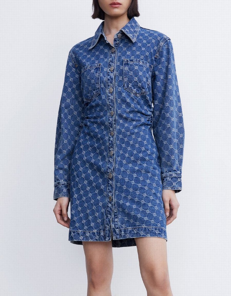 Women's Urban Revivo Allover Jacquard Ruched Button Up Denim Dress Blue | LSX382KD