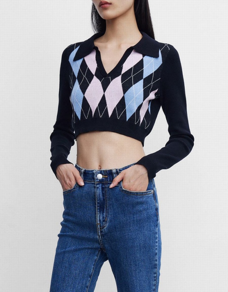 Women's Urban Revivo Argyle Crop Checkered Sweaters Blue | WTN6214HJ