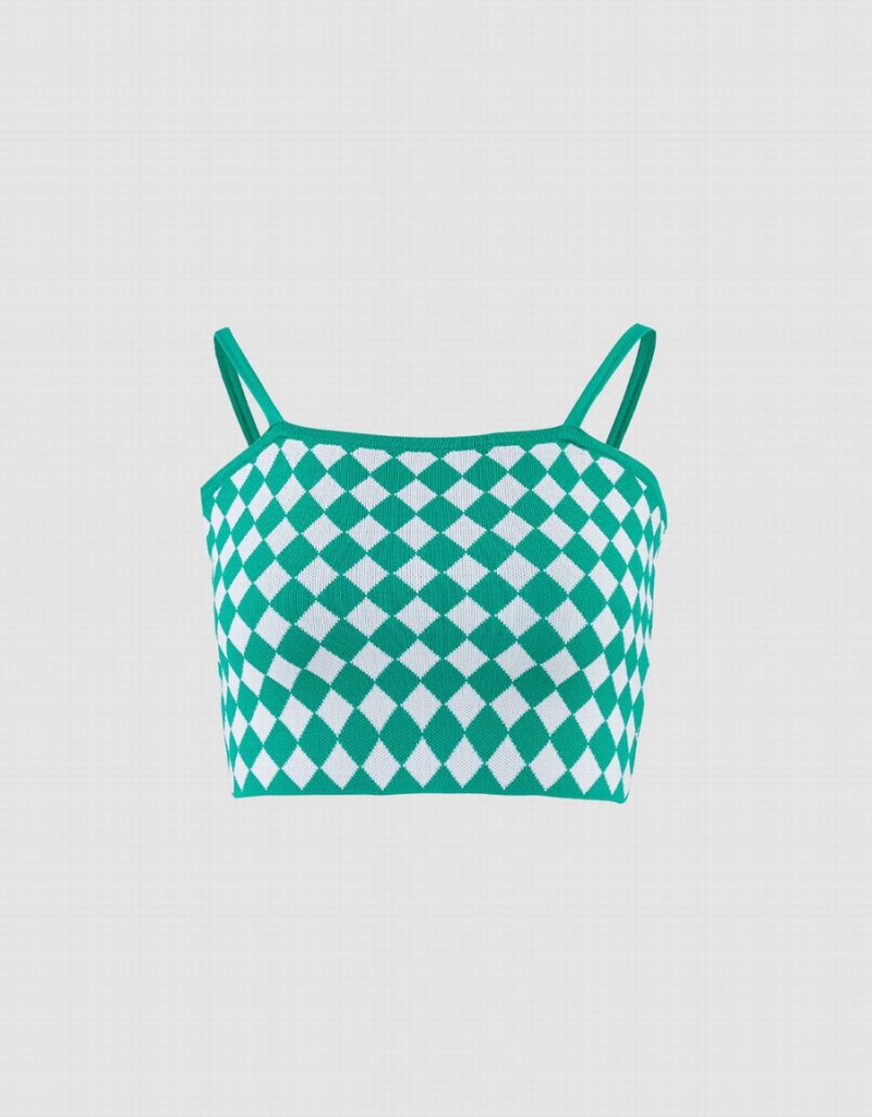 Women\'s Urban Revivo Argyle Knitted Crop Cami Tank Top Green | JVJ2989UV