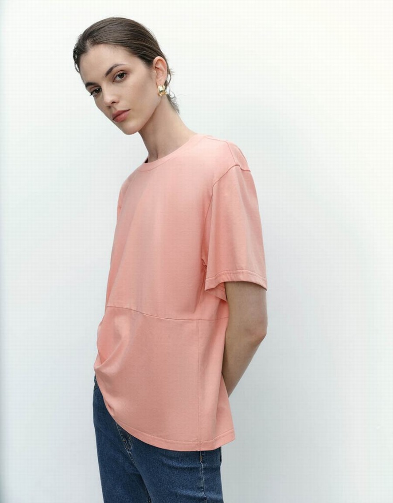 Women's Urban Revivo Asymmetric Crew Neck T Shirts Pink | VBD280CJ