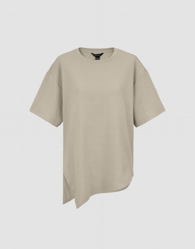 Women's Urban Revivo Asymmetric Hem Crew Neck Knitted T Shirts Khaki | JXO878JZ