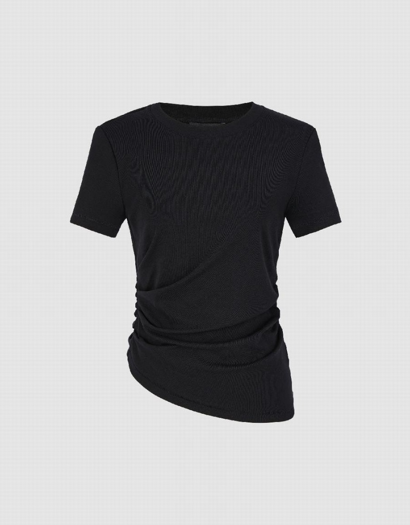 Women's Urban Revivo Asymmetric Ruched T Shirts Black | ZEI9346KK