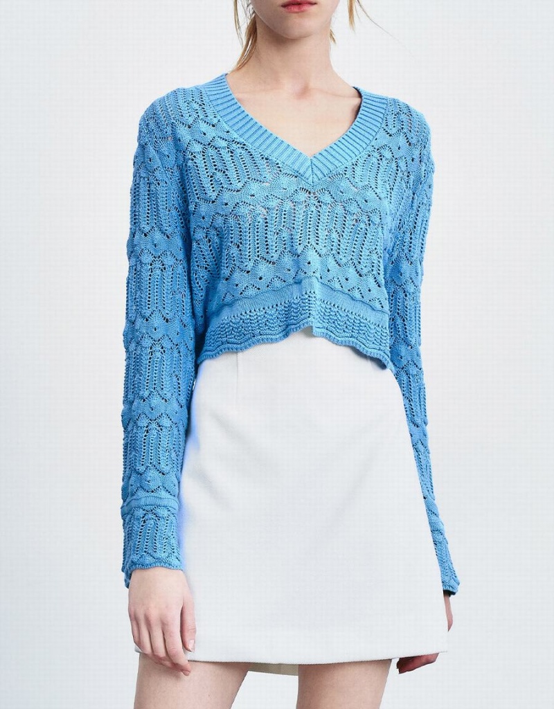 Women's Urban Revivo Bell Sleeve Pointelle Knit Top Cardigan Blue | IYP2983TY