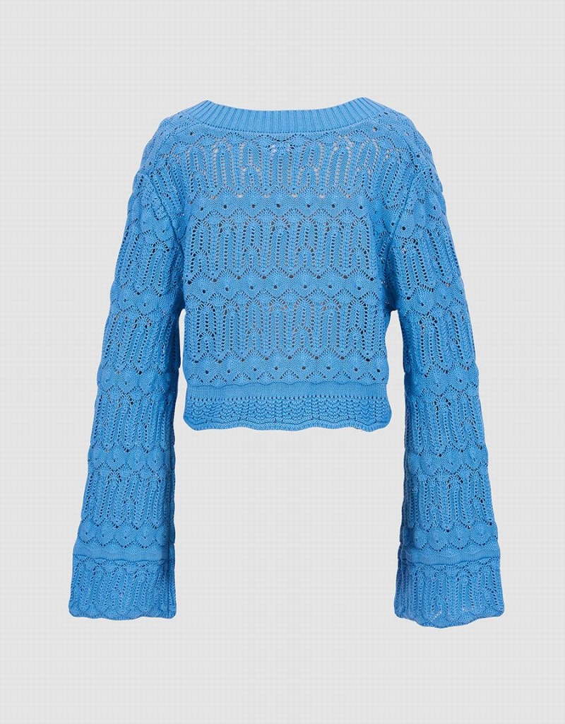 Women's Urban Revivo Bell Sleeve Pointelle Knit Top Cardigan Blue | IYP2983TY