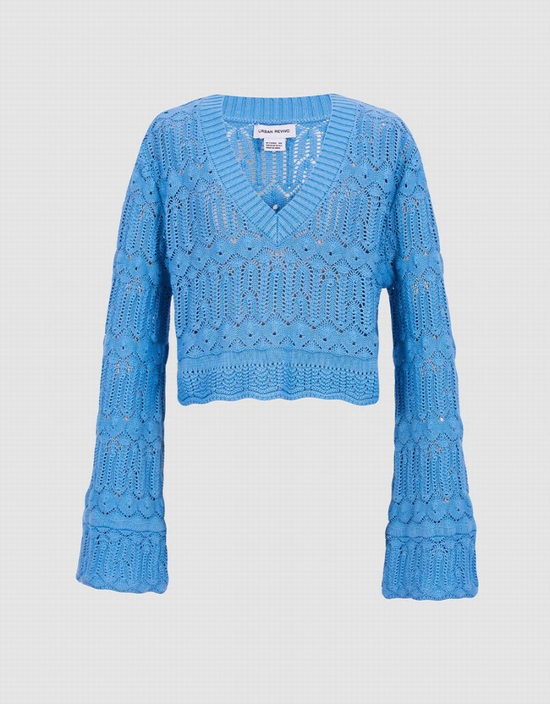 Women\'s Urban Revivo Bell Sleeve Pointelle Knit Top Cardigan Blue | IYP2983TY