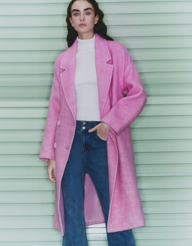 Women's Urban Revivo Belted Woolen Coats Pink | JYE1018UW