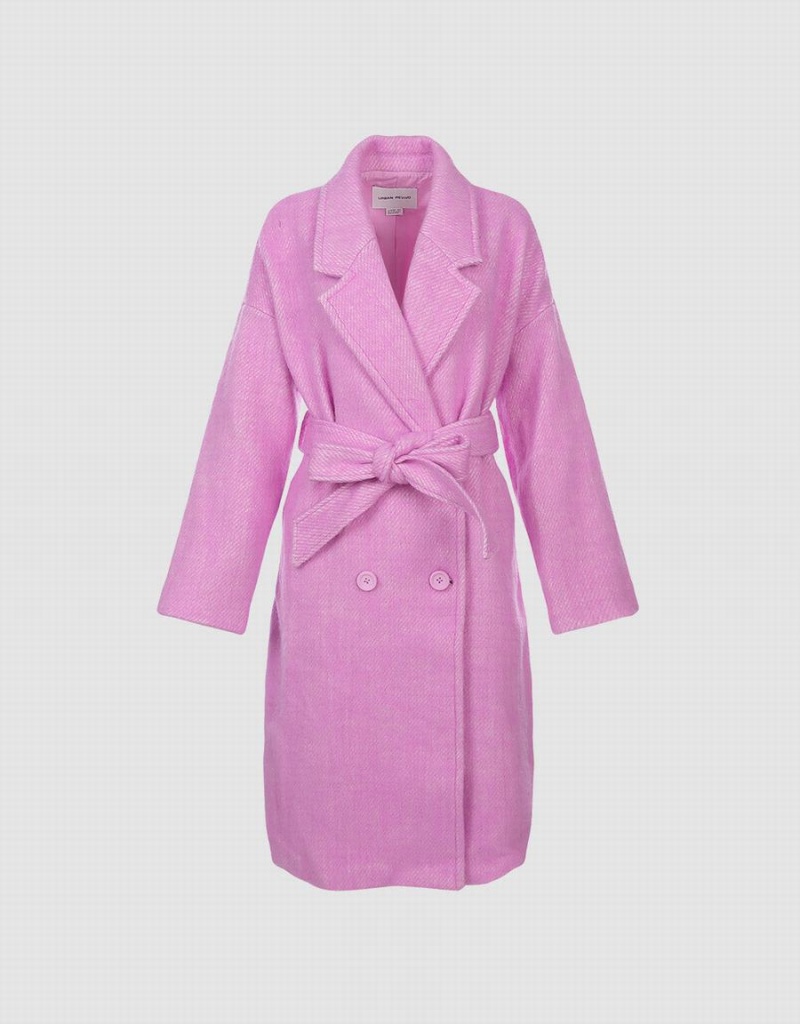 Women\'s Urban Revivo Belted Woolen Coats Pink | JYE1018UW