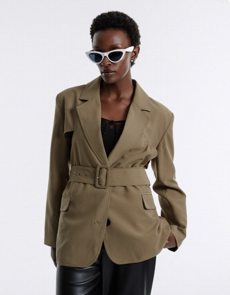 Women's Urban Revivo Buckle Belted Blazers Dark Khaki | BVK2418ZG