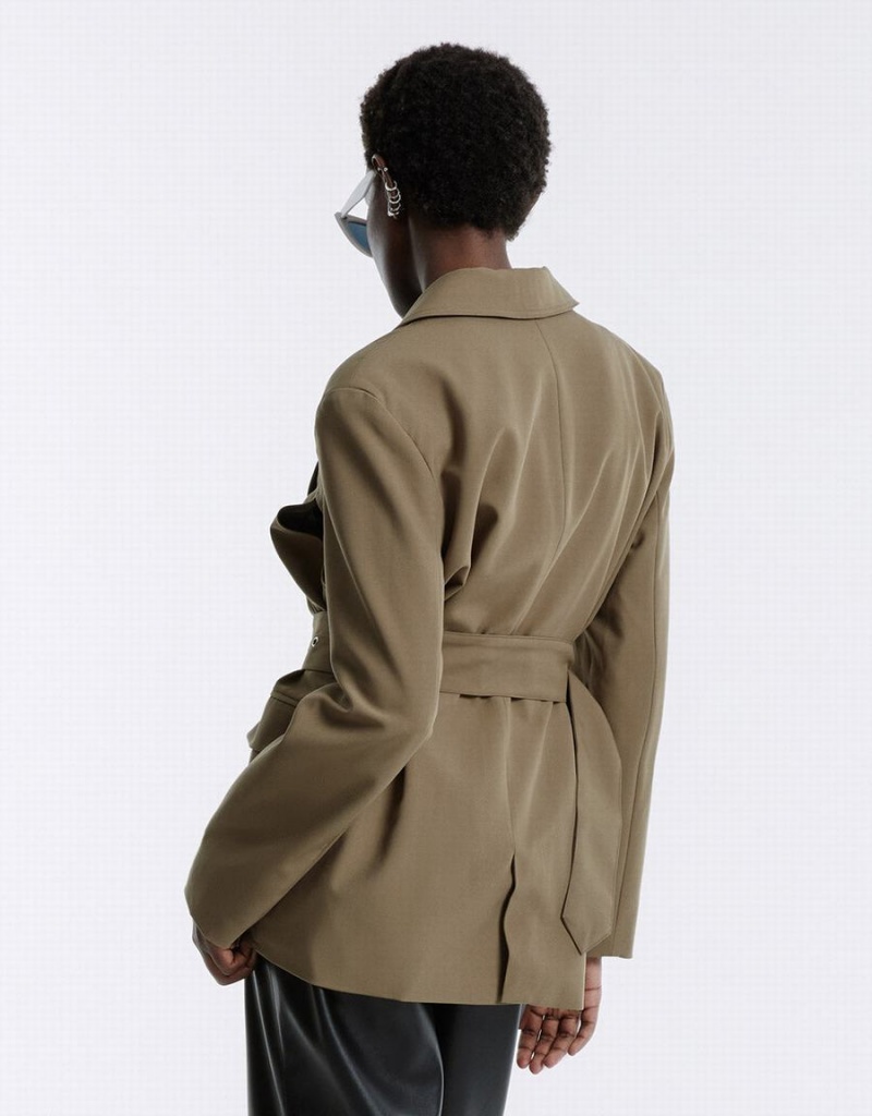 Women's Urban Revivo Buckle Belted Blazers Dark Khaki | BVK2418ZG