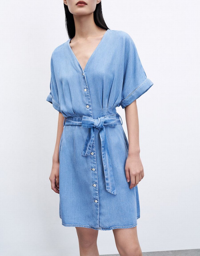 Women's Urban Revivo Button Front Belted Denim Dress Blue | FVI7550DN