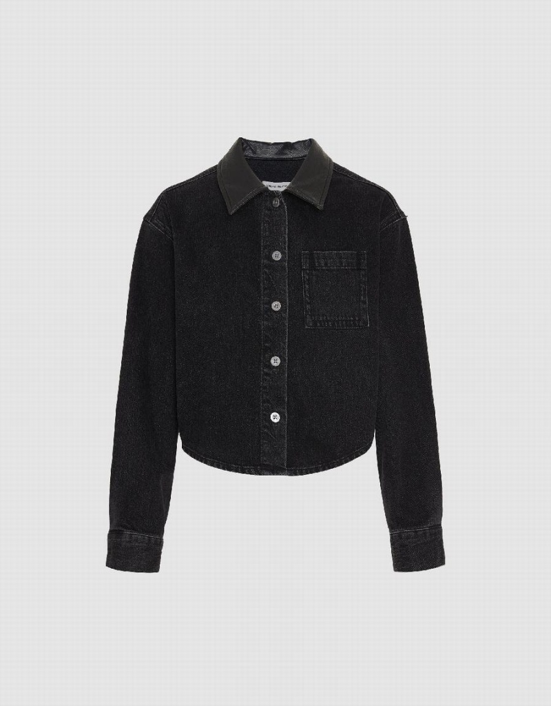 Women's Urban Revivo Button Up Denim Shirts Black | SVN5555LW