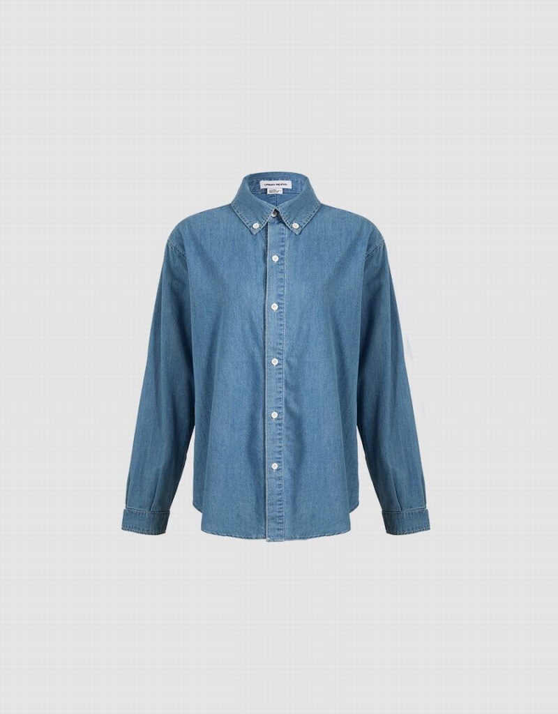 Women\'s Urban Revivo Button Up Denim Shirts Blue | BIN8980VM