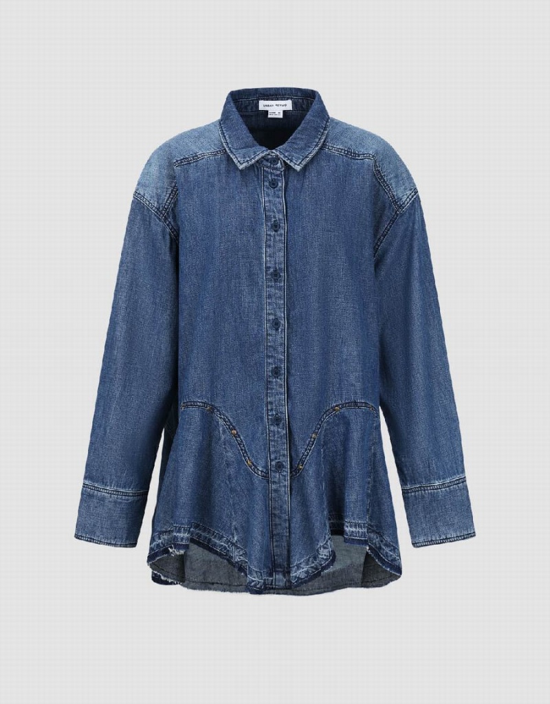 Women's Urban Revivo Button Up Loose Denim Shirts Blue | FZH4416XI