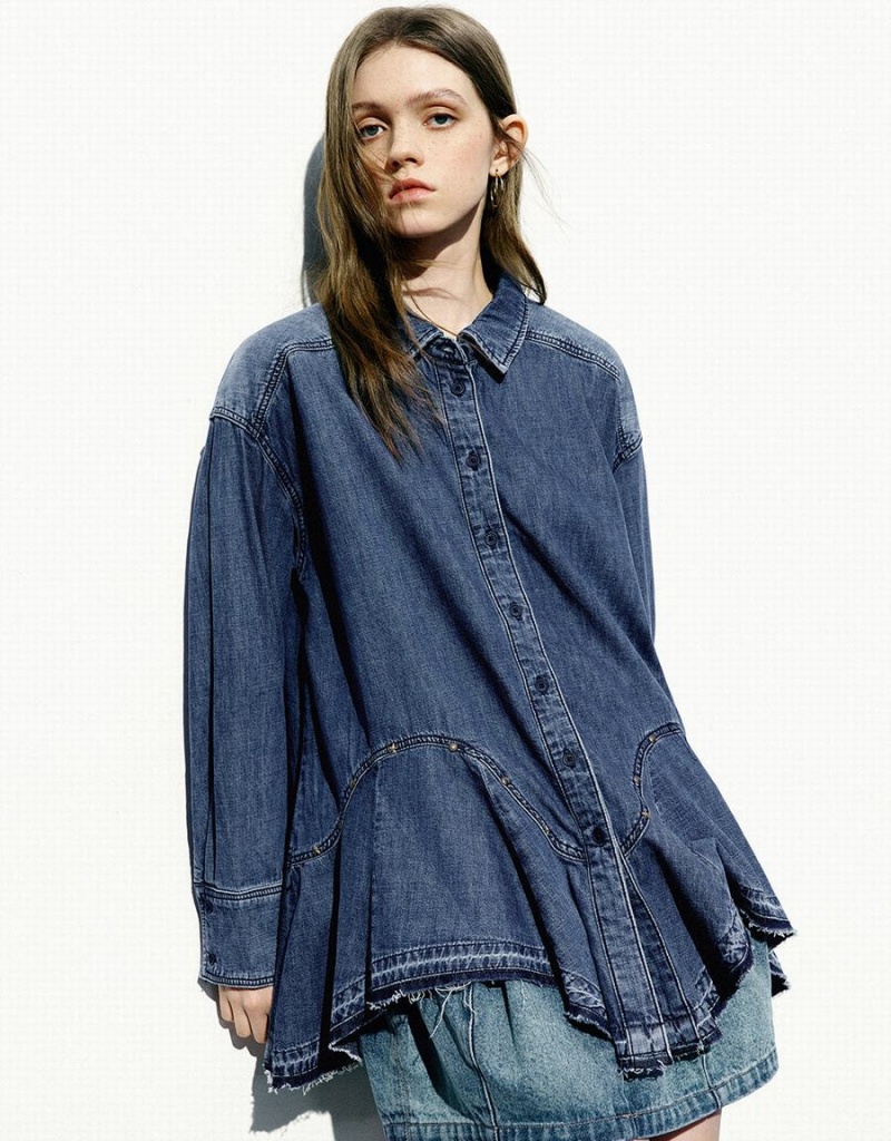 Women\'s Urban Revivo Button Up Loose Denim Shirts Blue | FZH4416XI