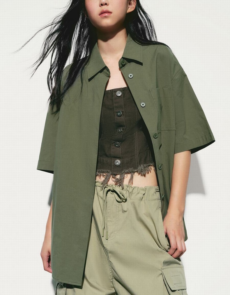 Women's Urban Revivo Button Up Loose Shirts Green | BTO16DN