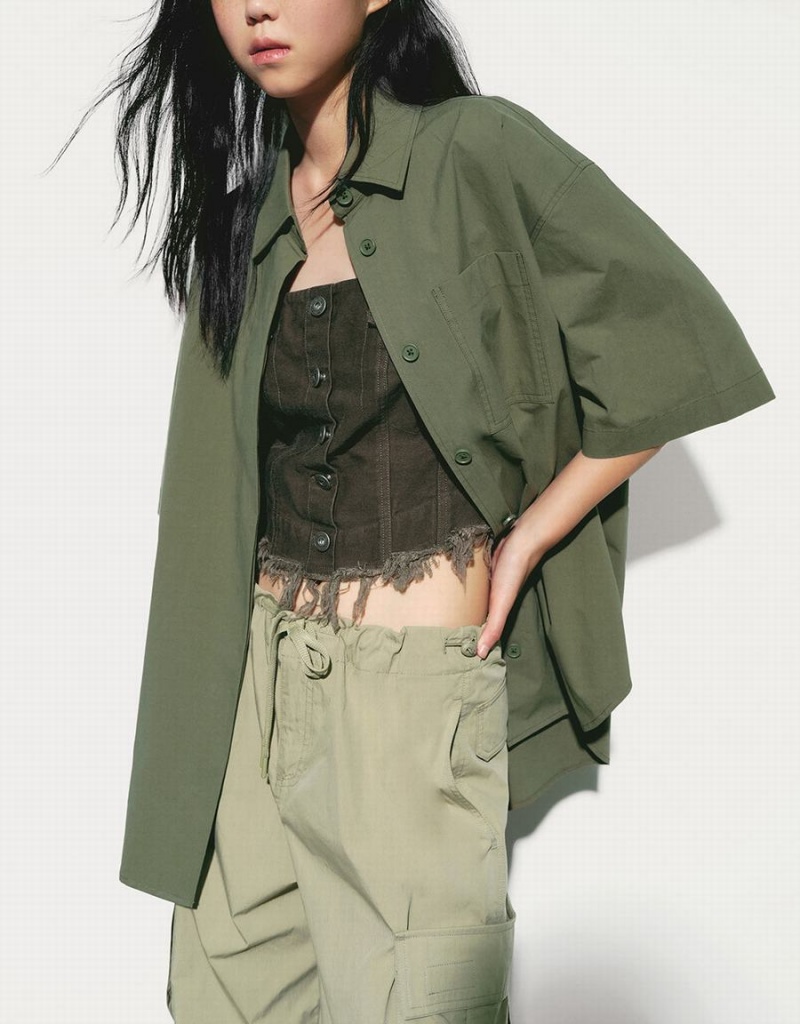 Women's Urban Revivo Button Up Loose Shirts Green | BTO16DN