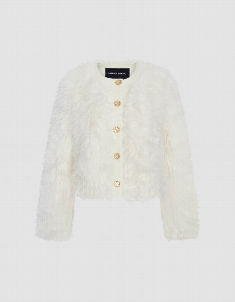 Women's Urban Revivo Button Up Straight Furry Coats White | ZFK6578LR