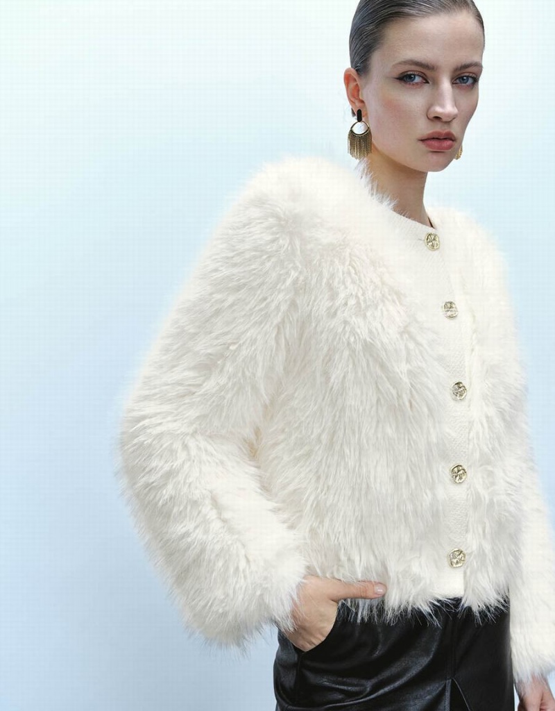 Women's Urban Revivo Button Up Straight Furry Coats White | ZFK6578LR