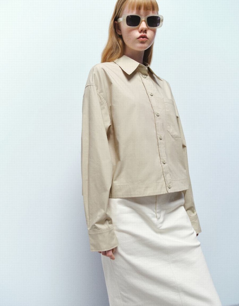 Women's Urban Revivo Button Up Straight Shirts Khaki | KKL779HJ