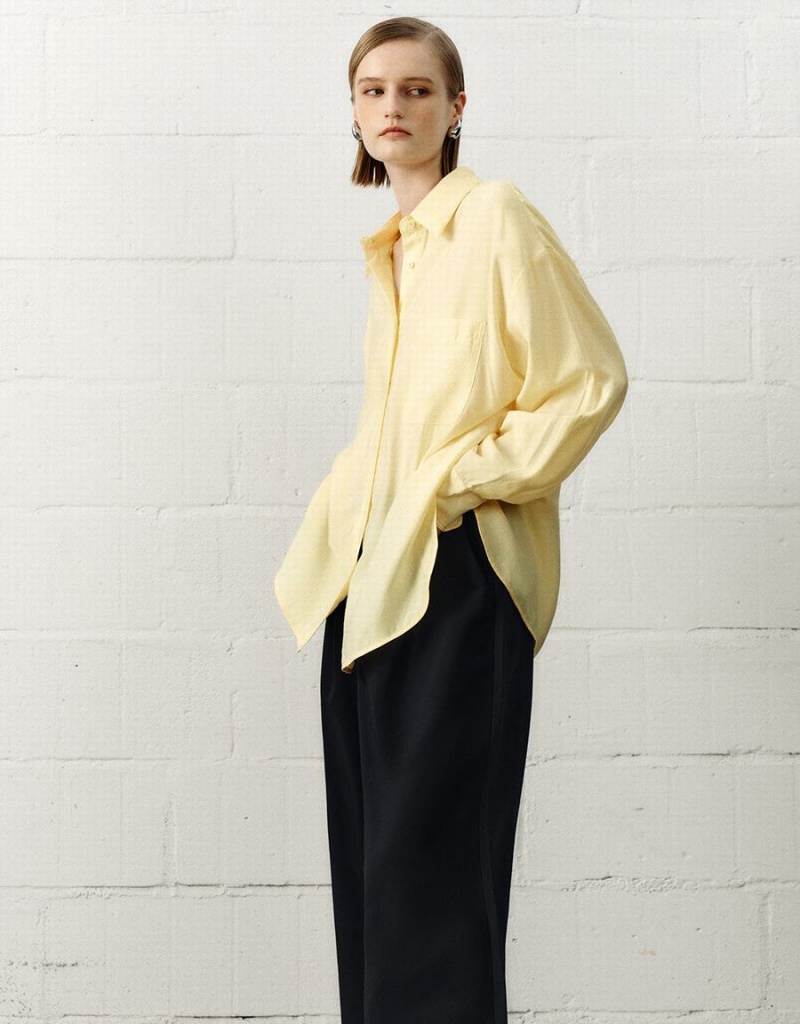 Women's Urban Revivo Button Up Straight Shirts Yellow | CCW546YJ