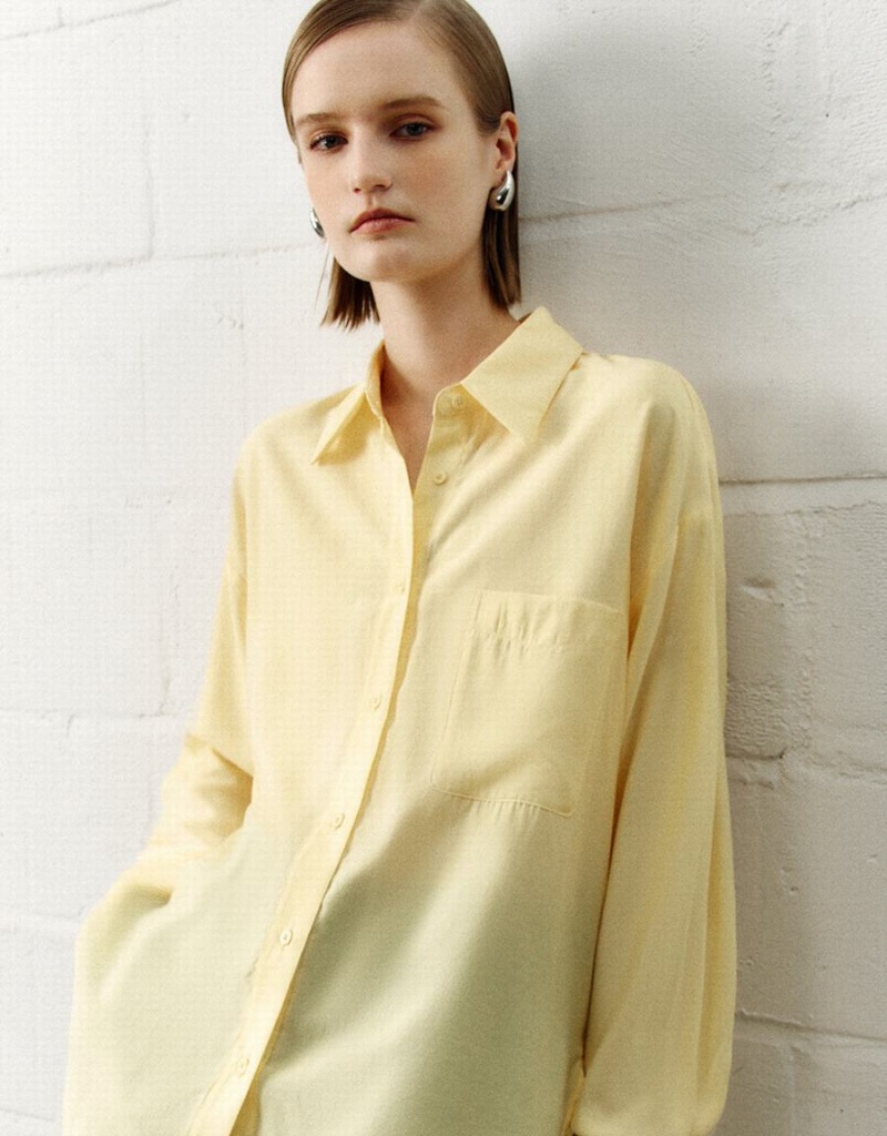 Women's Urban Revivo Button Up Straight Shirts Yellow | CCW546YJ