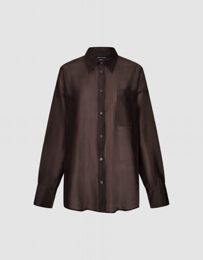 Women's Urban Revivo Button Up Straight Shirts Dark Brown | DVS192ZA