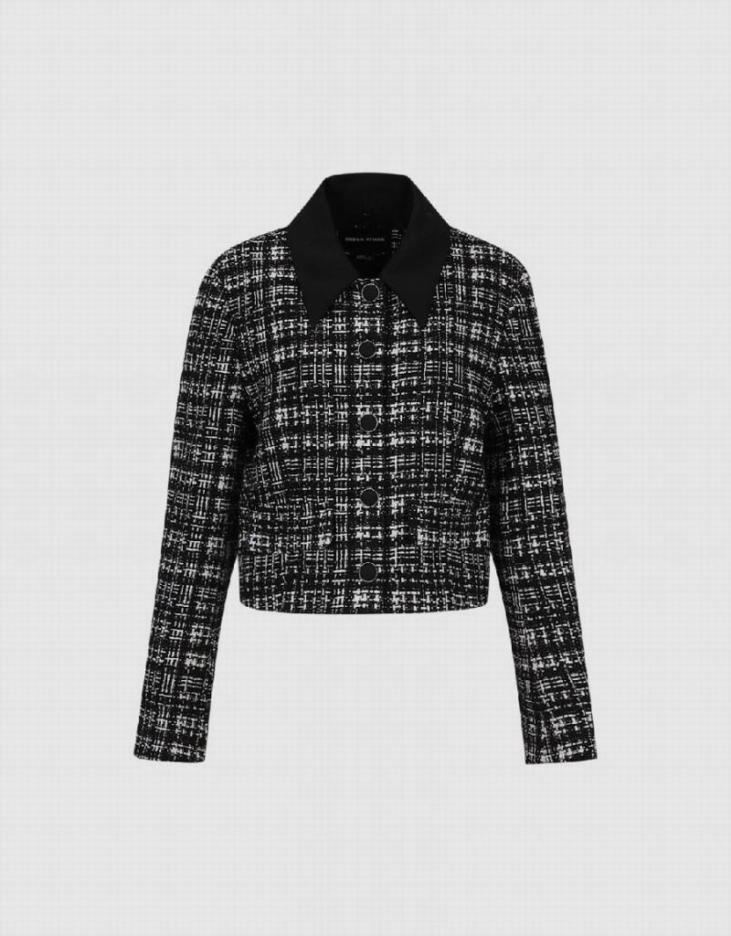 Women's Urban Revivo Button Up Tweed Jackets Black | VHD4219LC