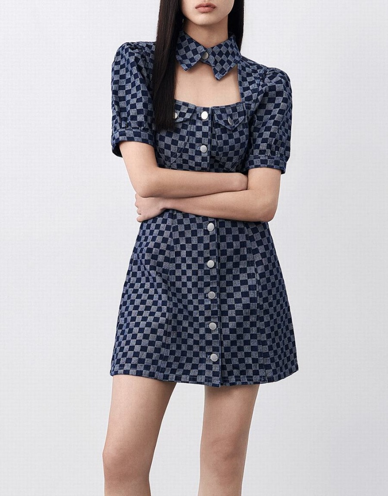 Women's Urban Revivo Checkered Cut Out Front Denim Dress Blue | RID1760ZL