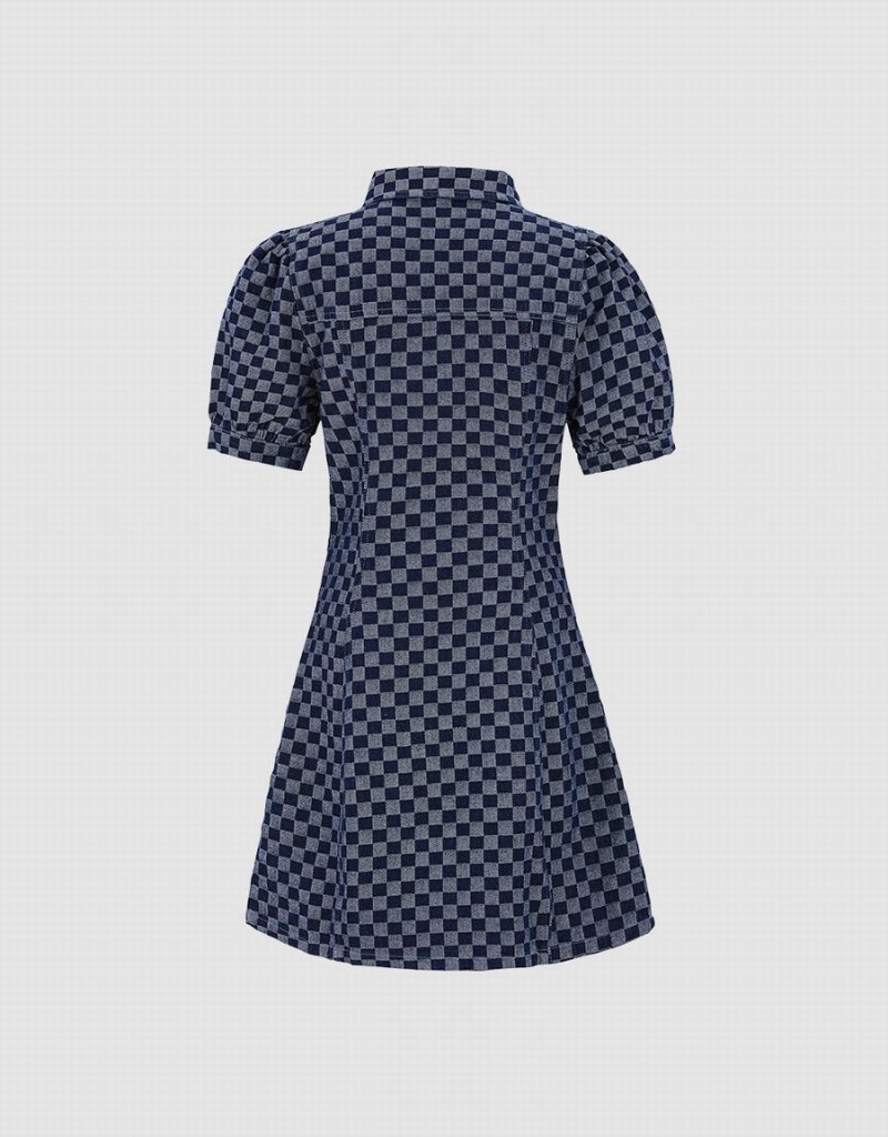 Women's Urban Revivo Checkered Cut Out Front Denim Dress Blue | RID1760ZL