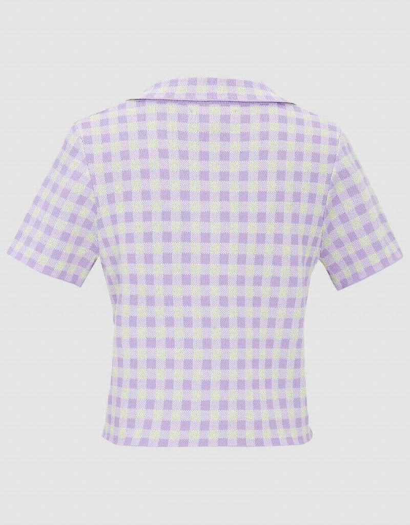 Women's Urban Revivo Checkered Short Sleeve Knitted Top Cardigan Purple | ZJD5133CI