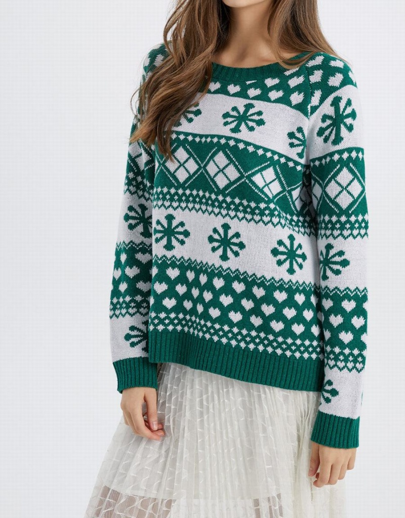 Women's Urban Revivo Christmas Snowflake Crew Neck Holiday Sweaters Dark Green | BAT3455SY