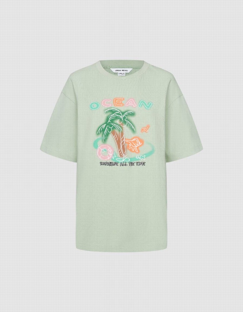 Women's Urban Revivo Coconut Tree Printed Crew Neck T Shirts Green | OXG6817MW