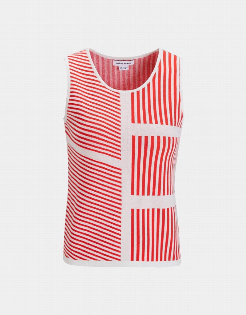 Women\'s Urban Revivo Contrast Striped Fitted Knit Tank Top Red | MDH8734CA