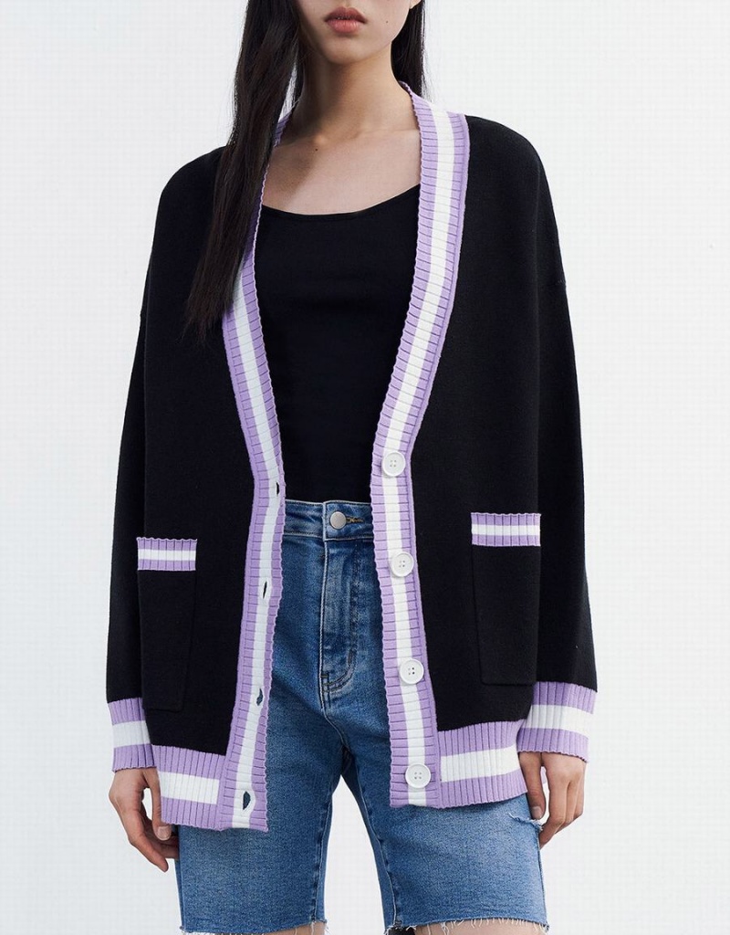 Women's Urban Revivo Contrast Trim Button Up Cardigan Black | LCD4495FN