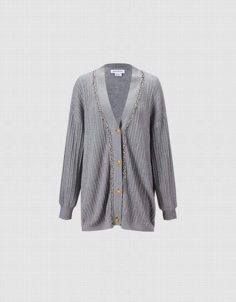 Women's Urban Revivo Contrast Trim Cardigan Light Grey | VZJ2228NC