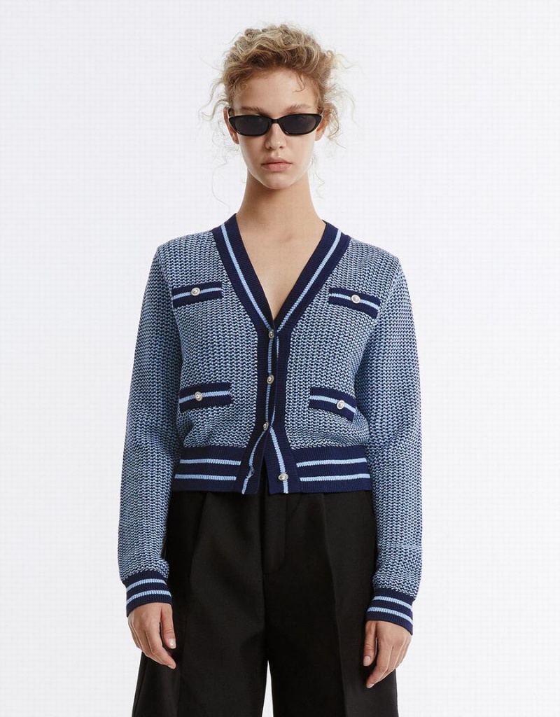 Women's Urban Revivo Contrast Trim Cardigan Blue | KQP2997QO