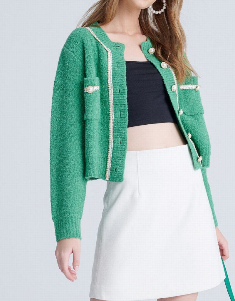 Women's Urban Revivo Contrast Trim Faux Pearl Button Cardigan Green | VTV2595VB