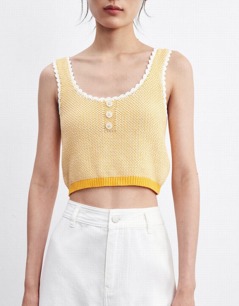 Women's Urban Revivo Contrast Trim Half Button Knitted Tank Top Yellow | XDW9141HJ