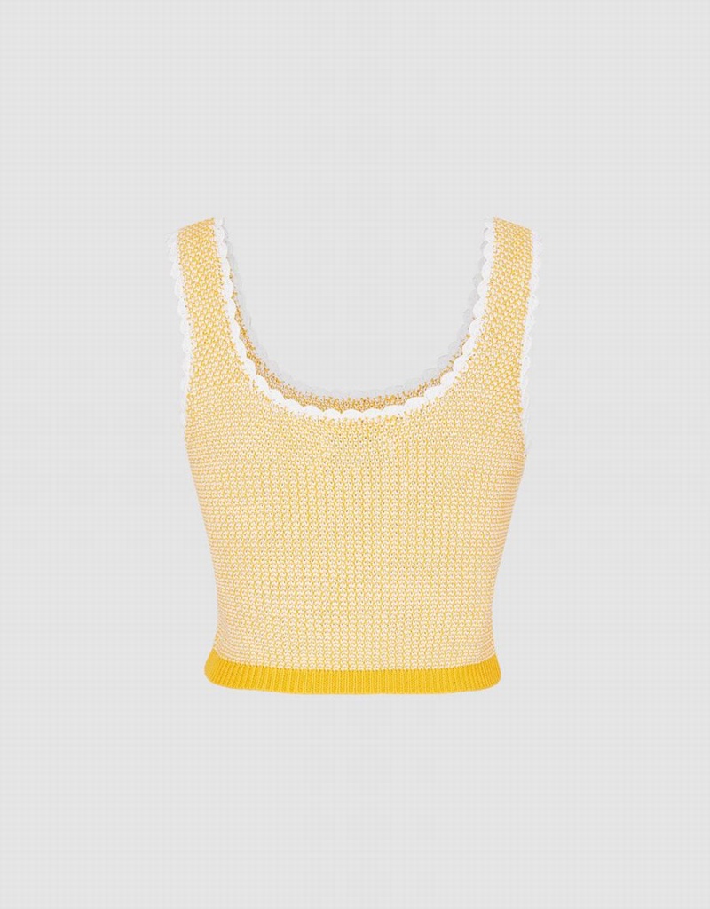 Women's Urban Revivo Contrast Trim Half Button Knitted Tank Top Yellow | XDW9141HJ