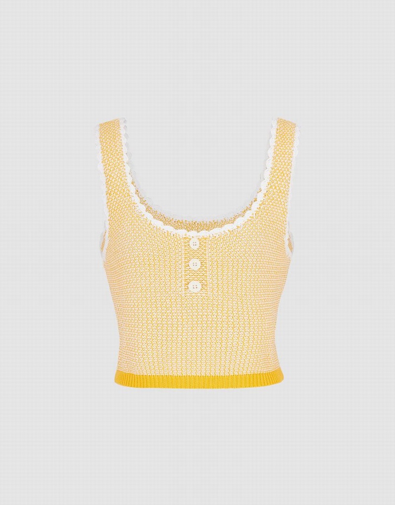 Women\'s Urban Revivo Contrast Trim Half Button Knitted Tank Top Yellow | XDW9141HJ