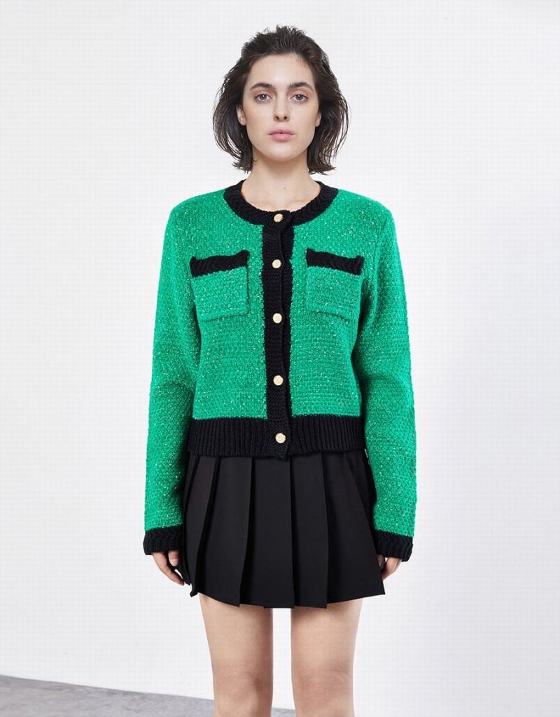 Women's Urban Revivo Contrast Trim Patched Pocket Cardigan Green | OPA6614NX