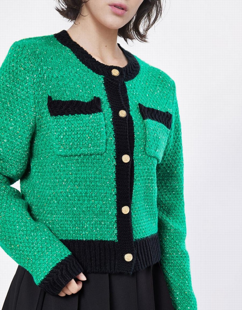 Women's Urban Revivo Contrast Trim Patched Pocket Cardigan Green | OPA6614NX