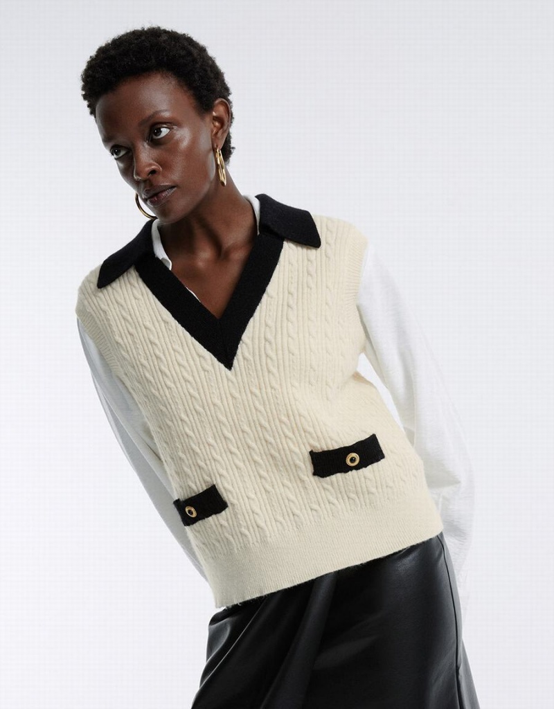 Women's Urban Revivo Contrast Trim Sweaters White | WLW8113HF