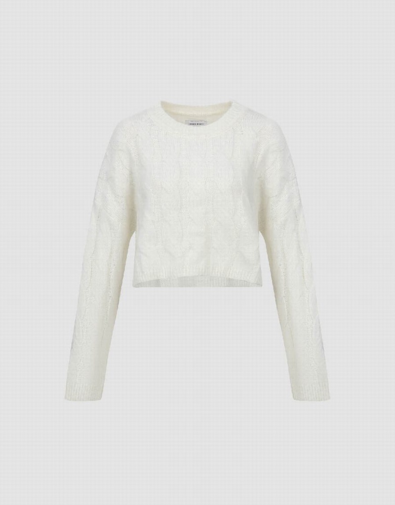 Women's Urban Revivo Crew Neck Cable Knitted Cardigan White | IAS5124JY