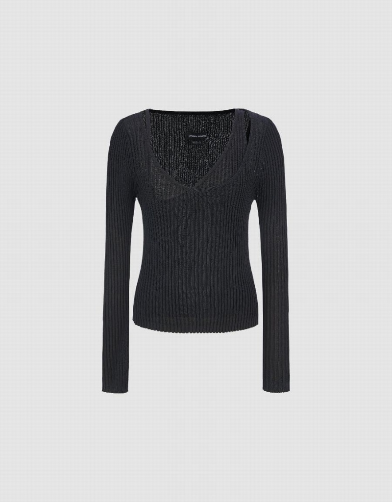 Women's Urban Revivo Crew Neck Knitted Cardigan Black | OGR8761BD