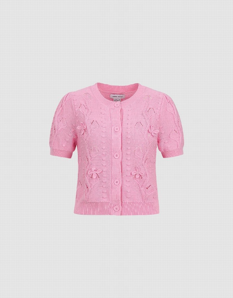 Women's Urban Revivo Crew Neck Knitted Cardigan Pink | DEX7367KW